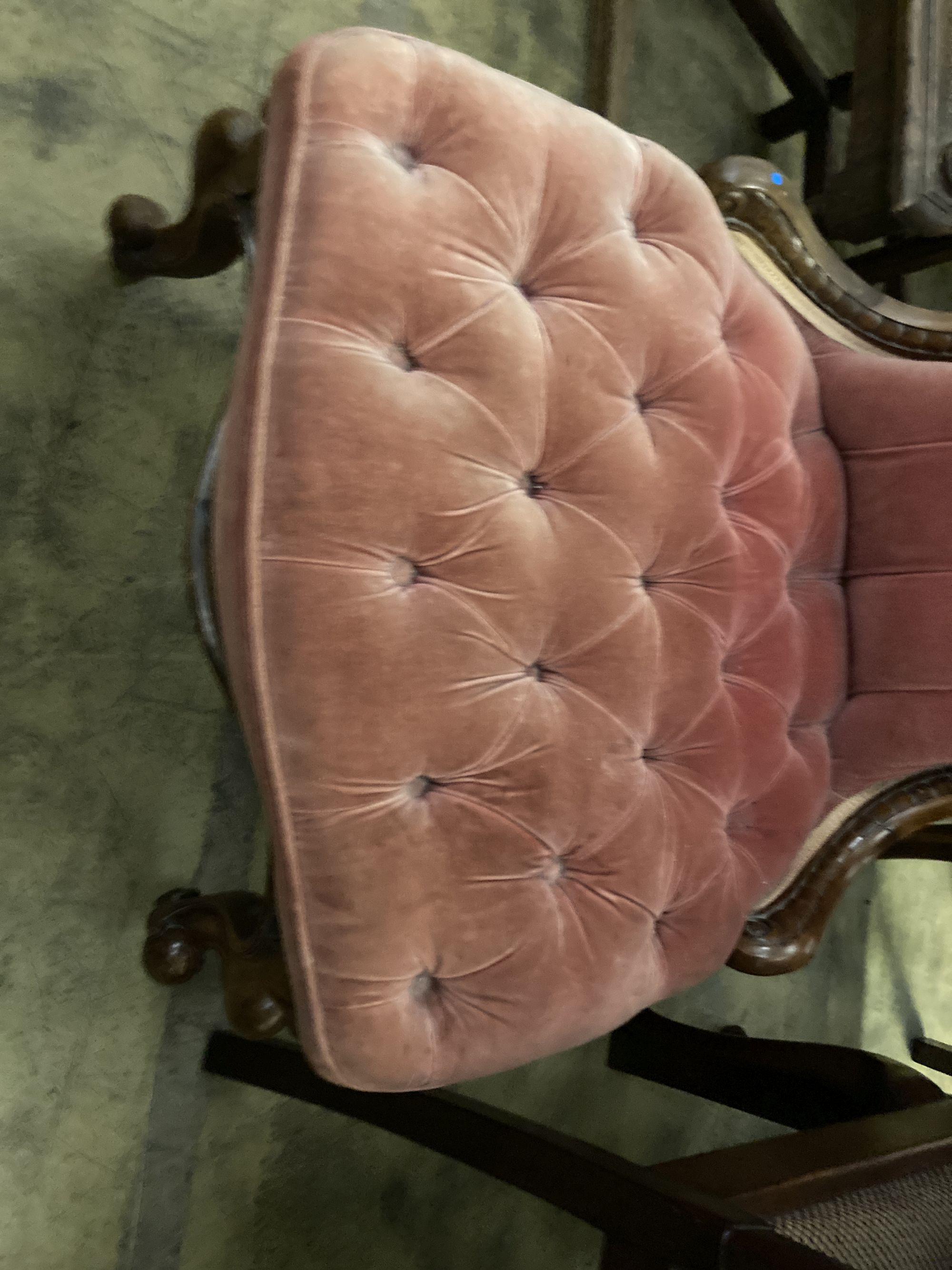 A Victorian walnut button back nursing chair, width 60cm, depth 60cm, height 96cm